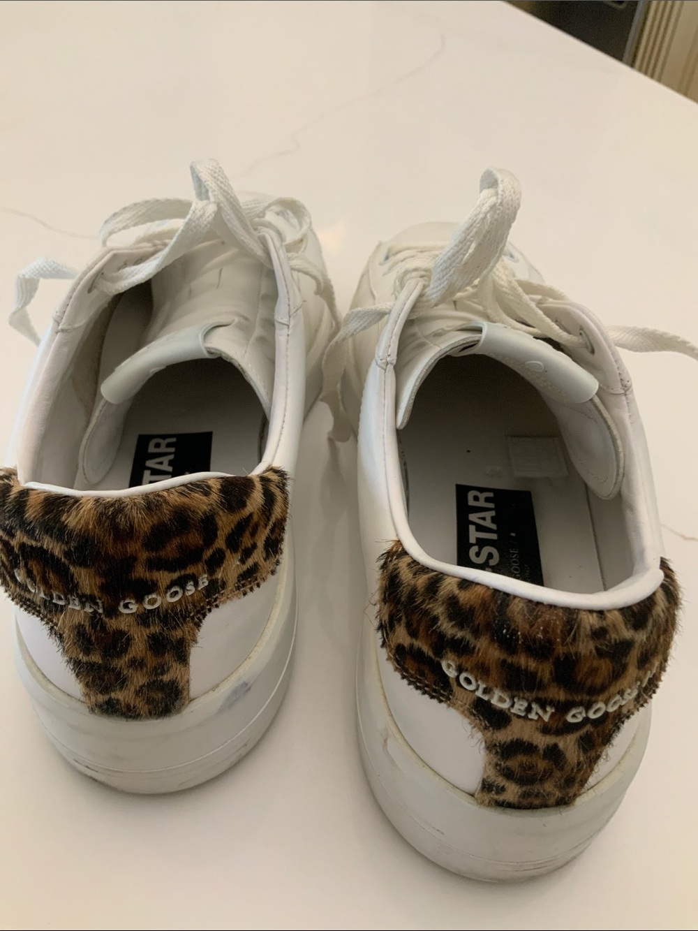 Golden goose white Leather Lace-Up Sneakers with Leopard Heel Accent